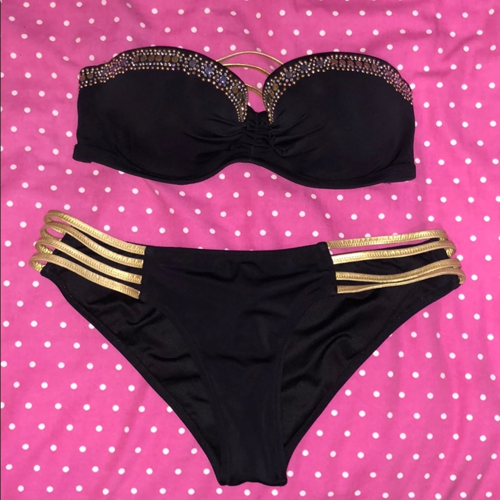 Victoria’s Secret black bandeau bathing suit with embellishment